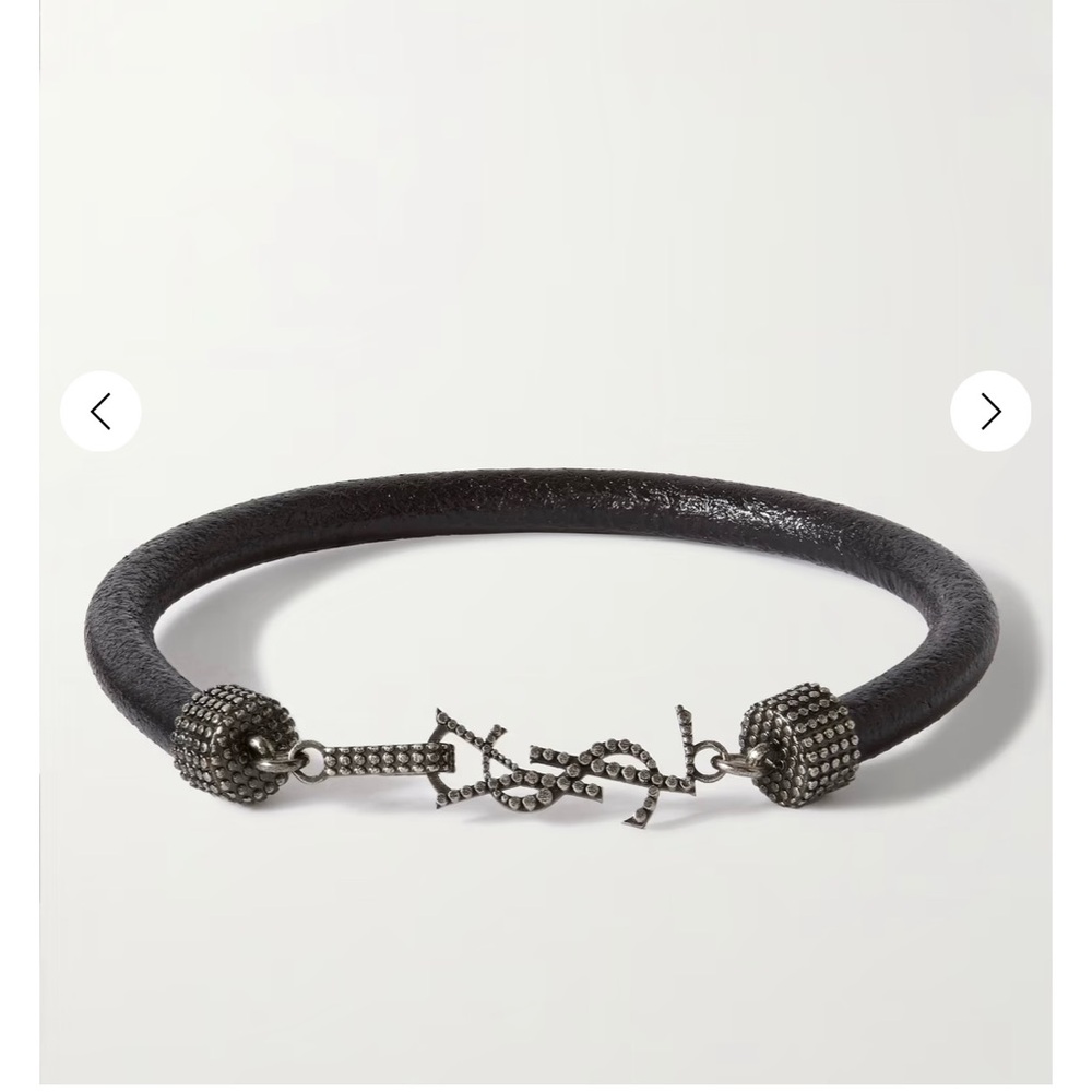 NEW SAINT LAURENT Textured-Leather and Silver-Tone Bracelet - small